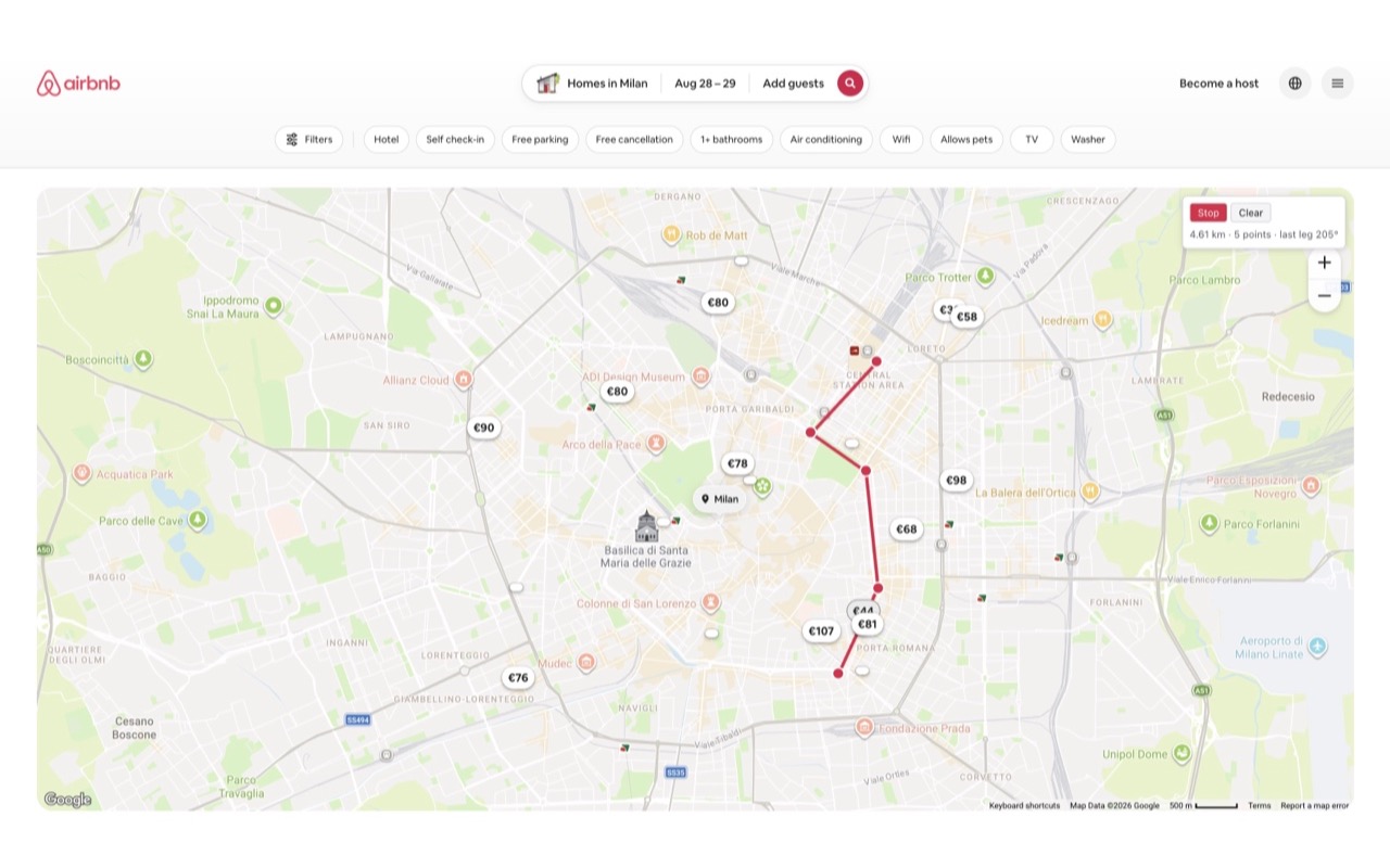 A distance measured across a map on a travel site, with the plugin's readout panel in the corner